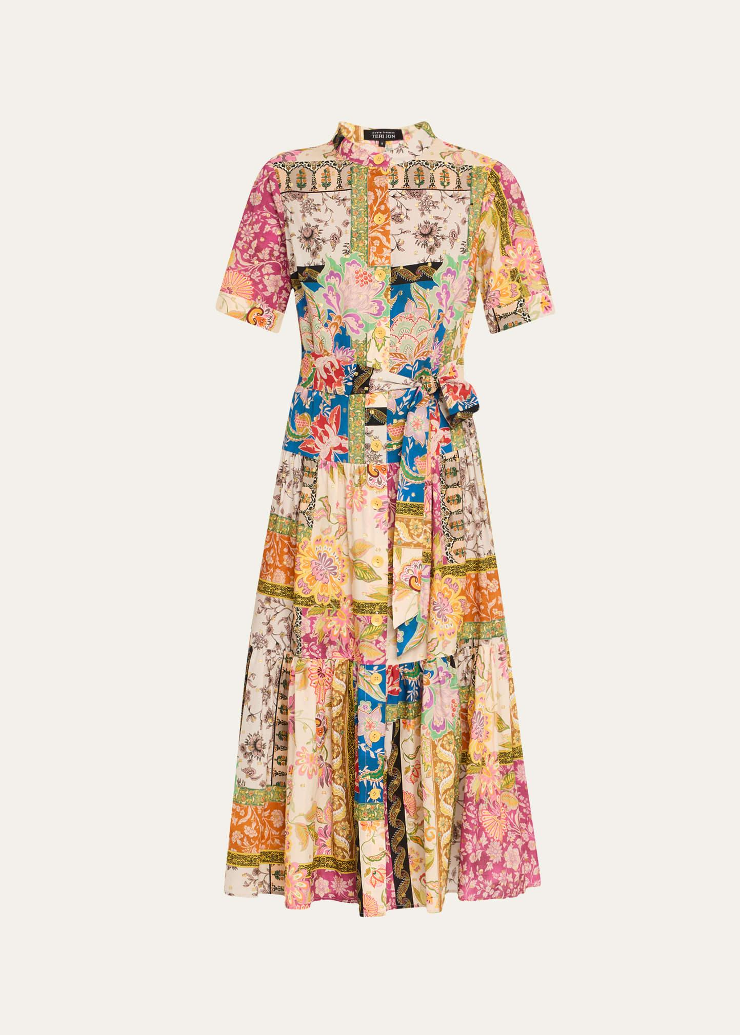 tiered patchwork floral-print midi shirtdress