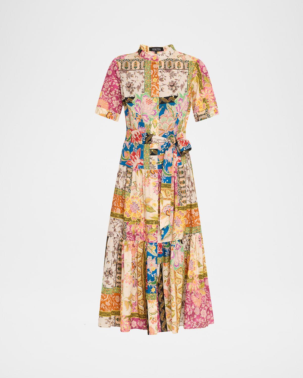 tiered patchwork floral-print midi shirtdress