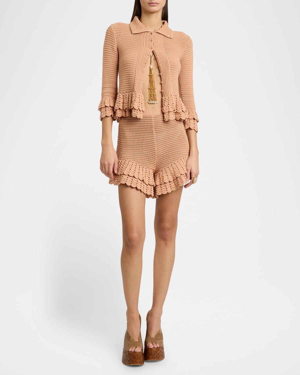 tiered ruffle crochet knit shorts