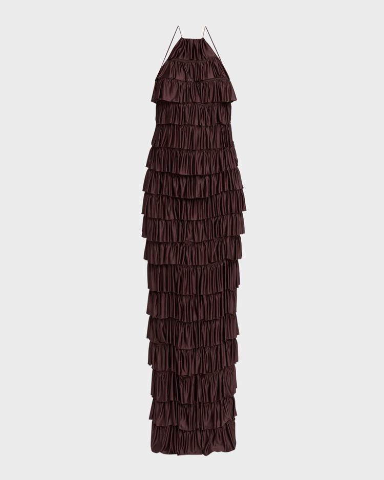 tiered ruffle jersey halter gown