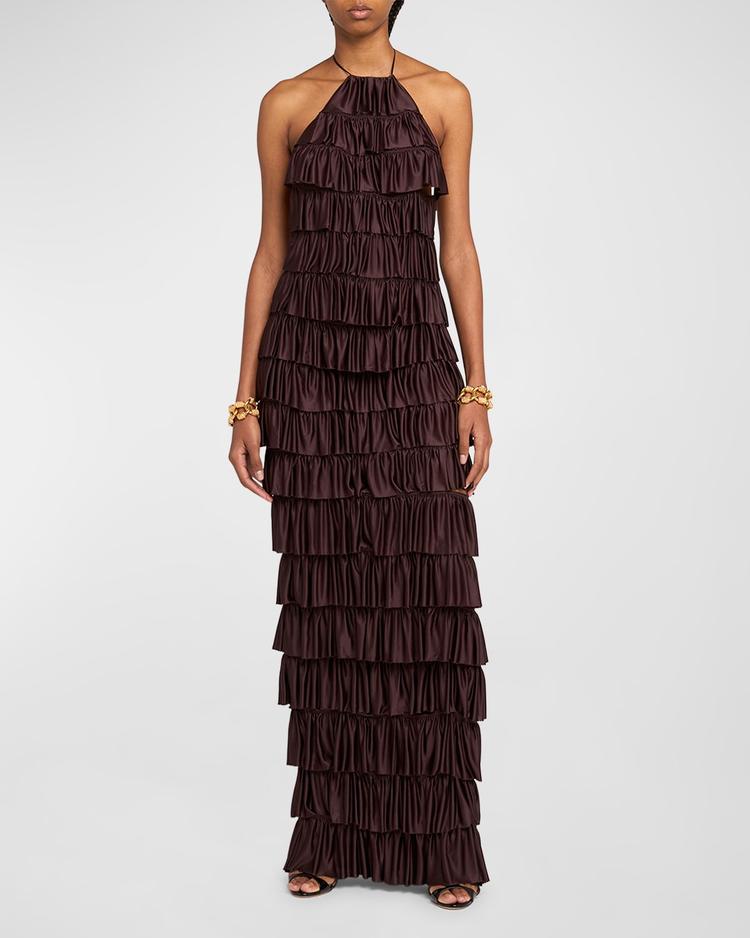 tiered ruffle jersey halter gown
