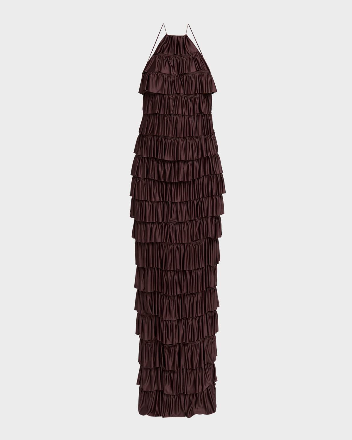 tiered ruffle jersey halter gown