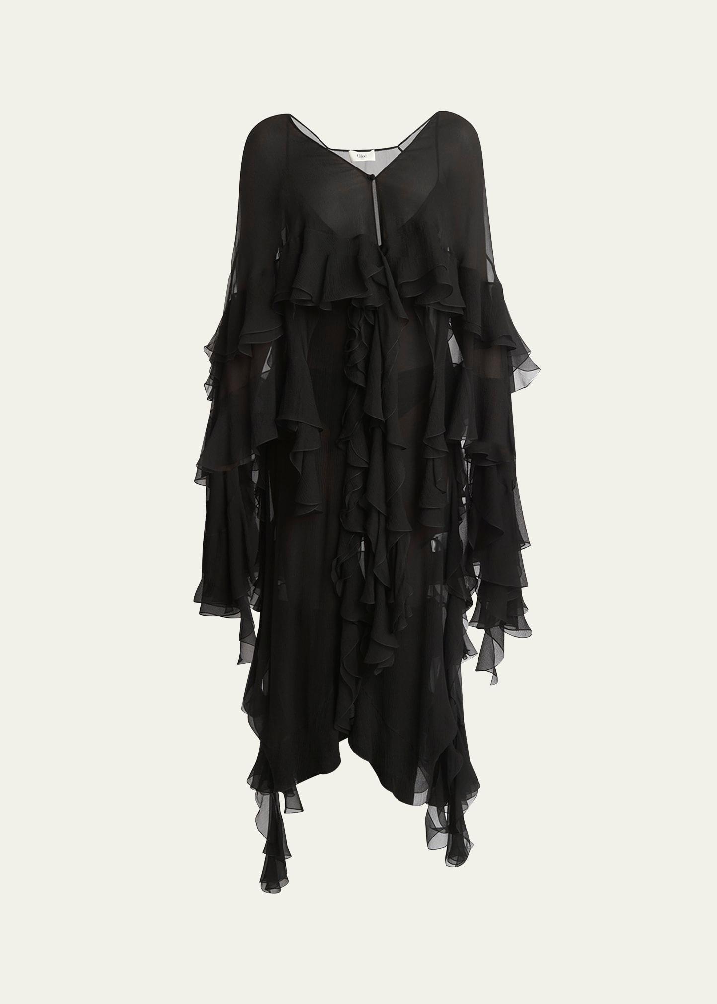 tiered ruffle silk mousseline asymmetric dress