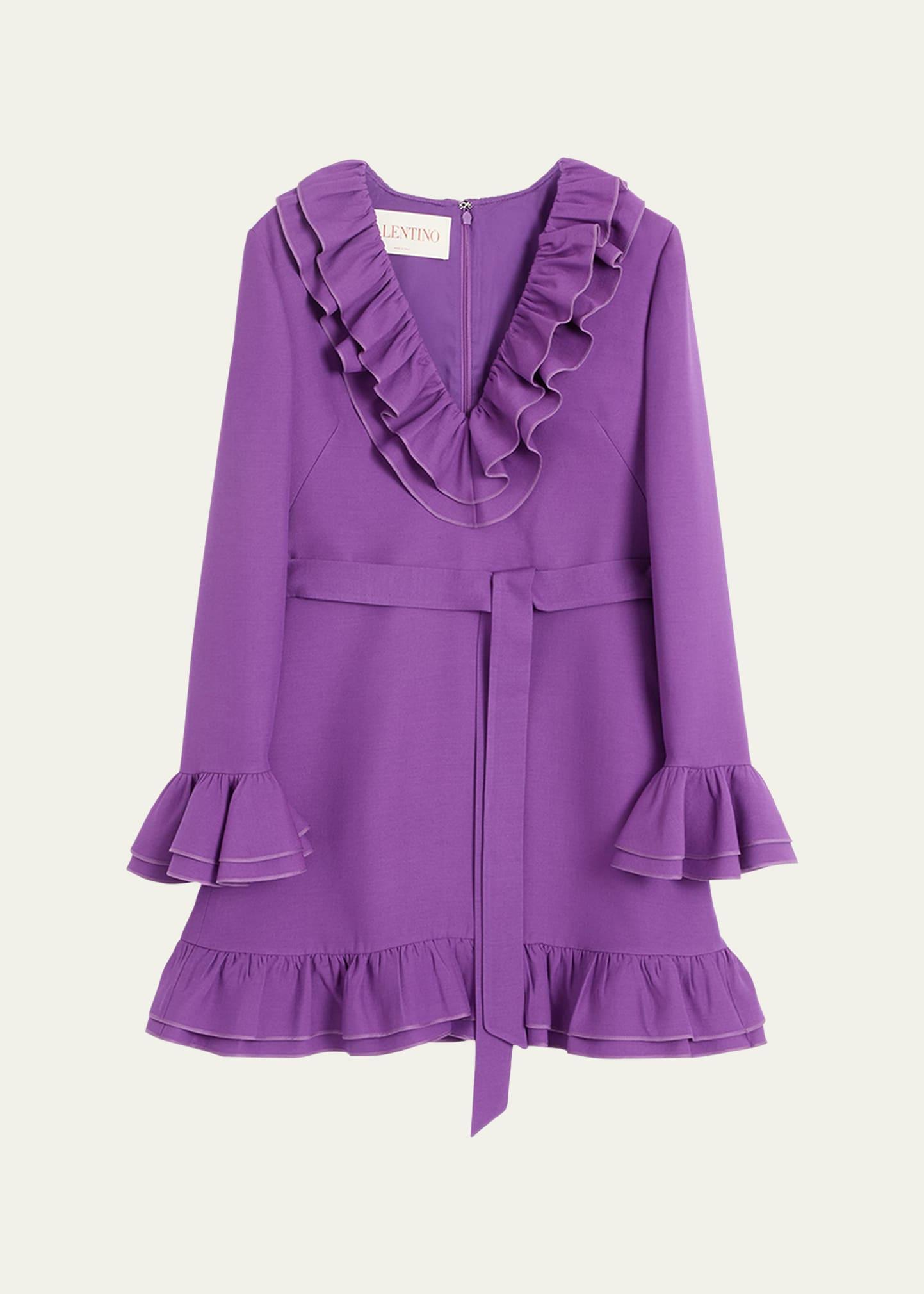 tiered ruffle v-neck wool mini dress