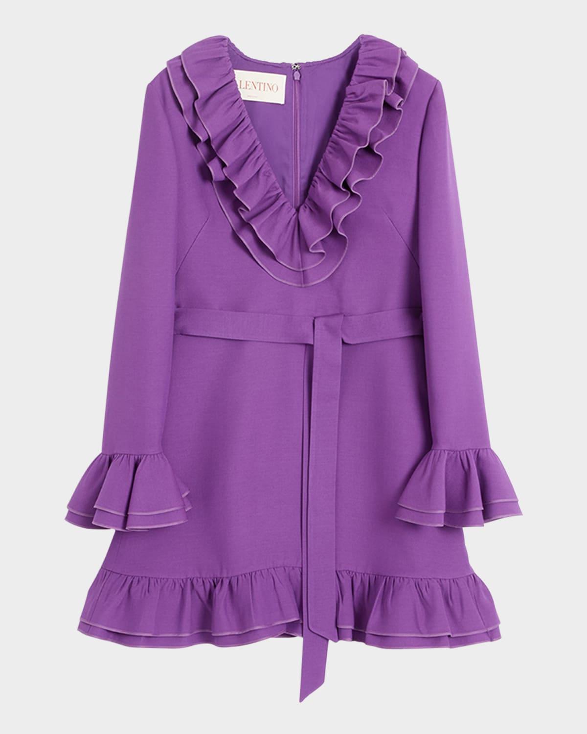 tiered ruffle v-neck wool mini dress