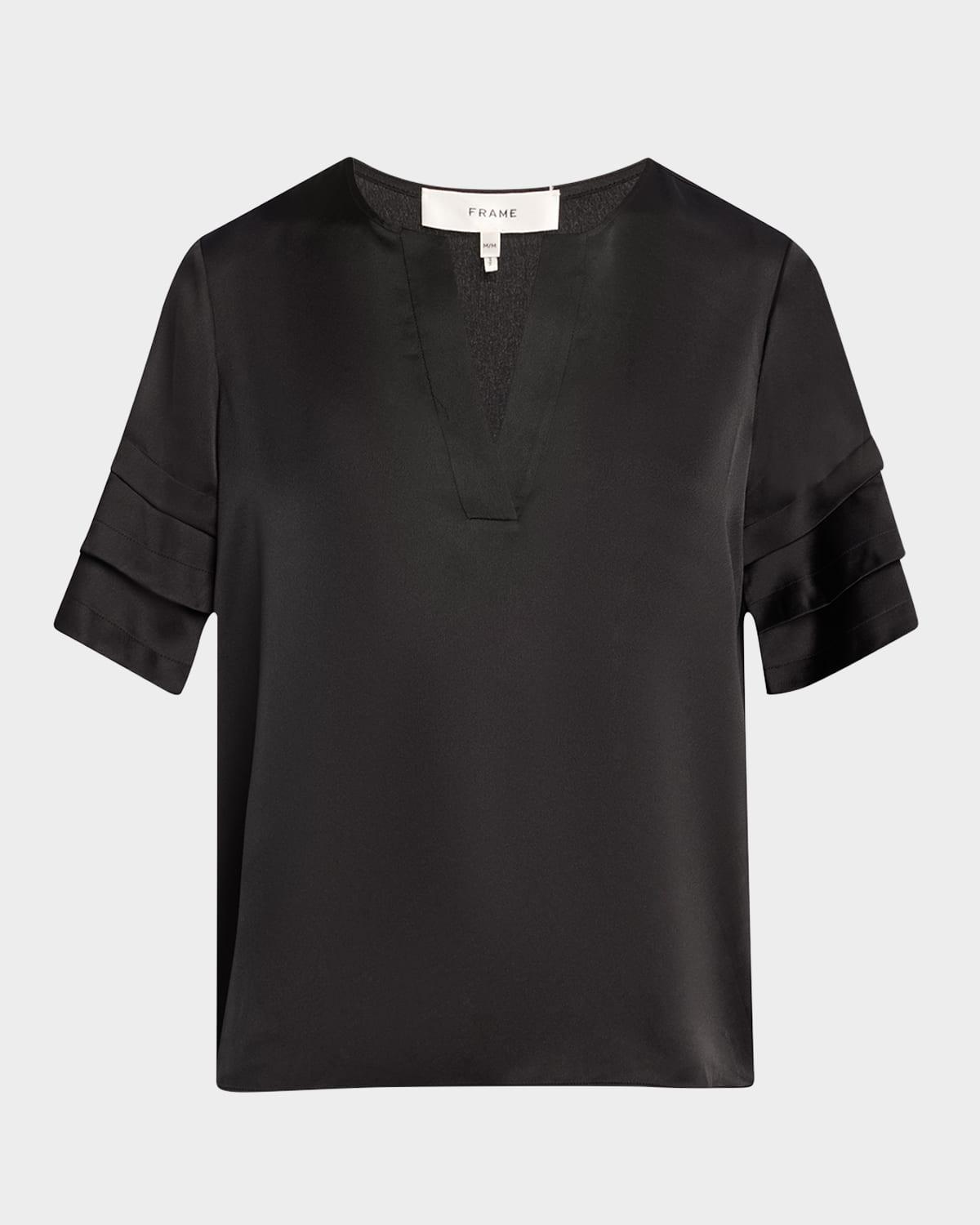 tiered short-sleeve satin blouse