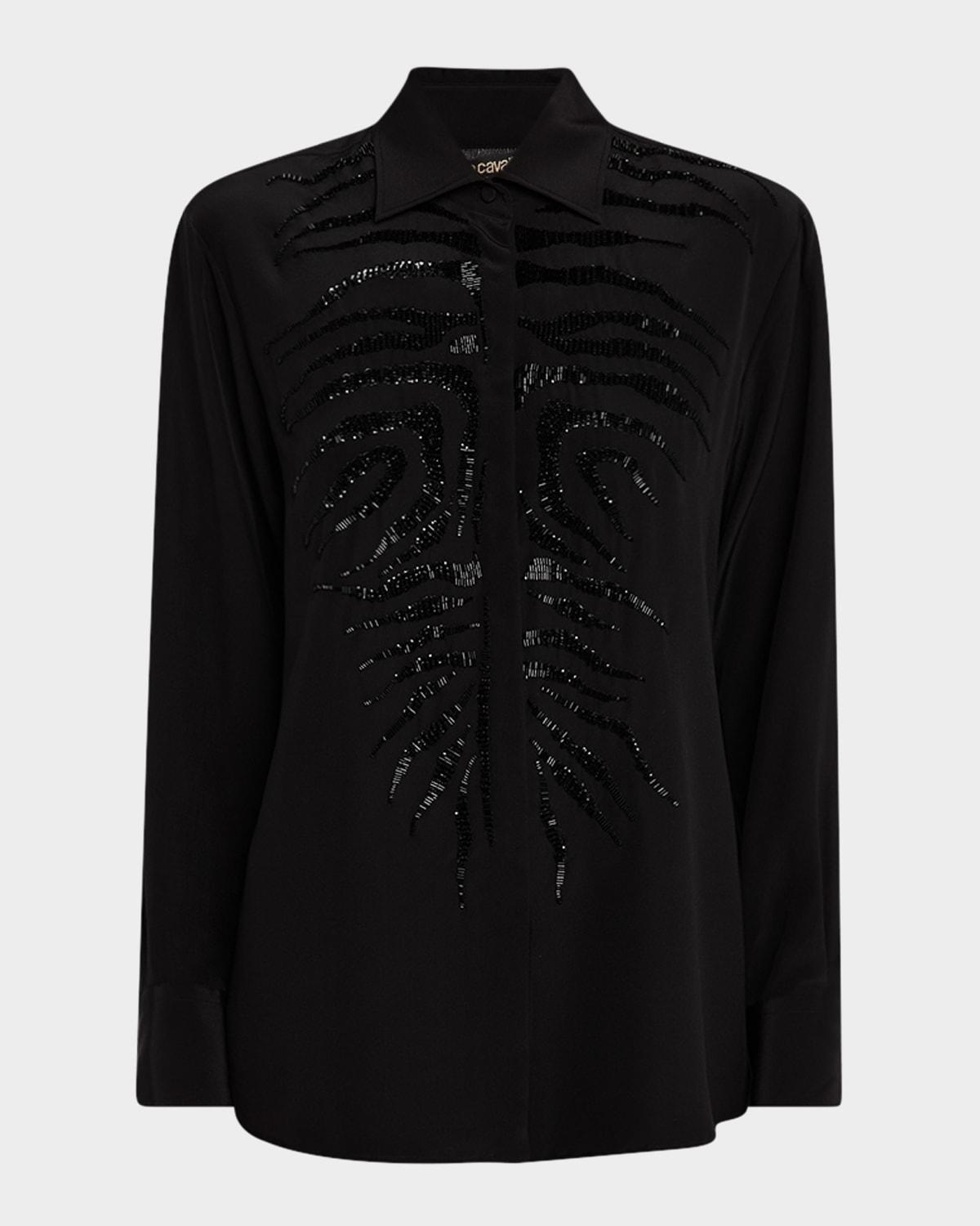 tiger beaded silk button-down shirt