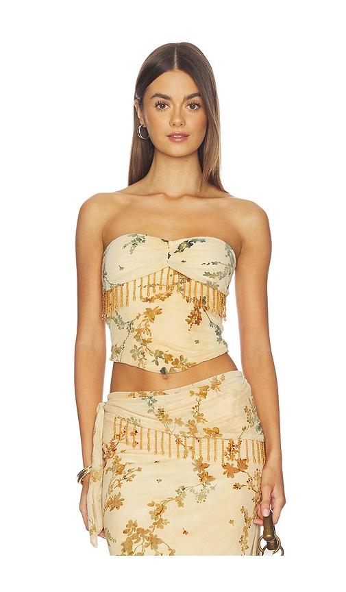 tiger mist burnout fringe tube top in beige.