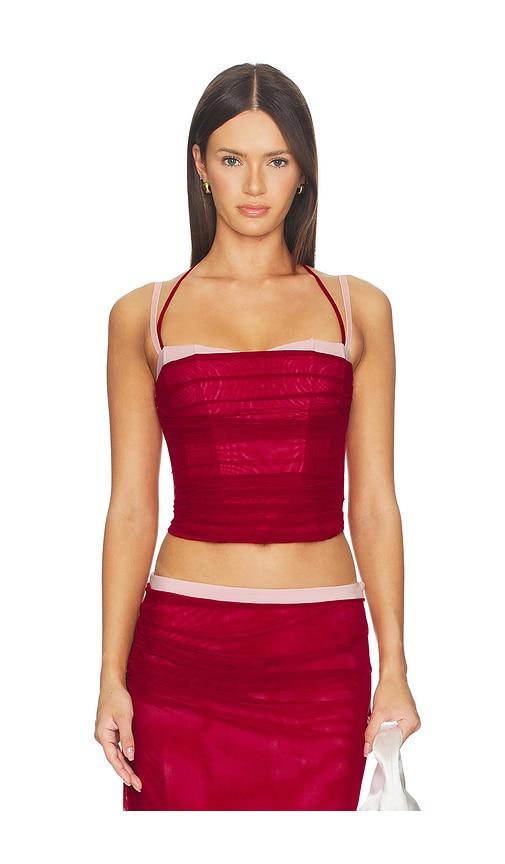 tiger mist caline ruched corset top in red.