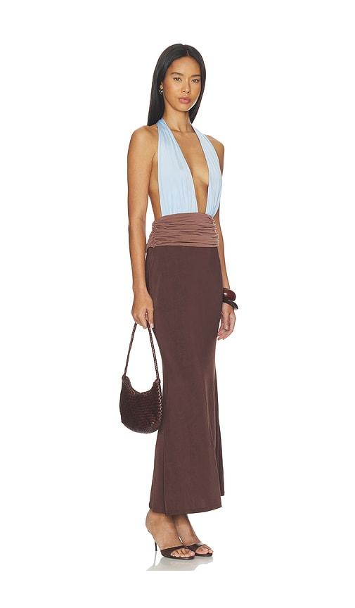 tiger mist jenni maxi plunge dress in blue, chocolate.