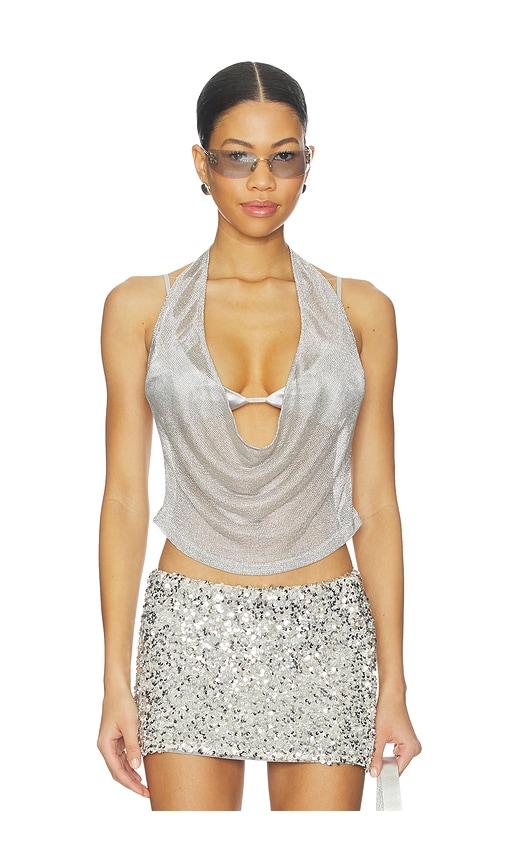 tiger mist makena top in metallic silver, grey.