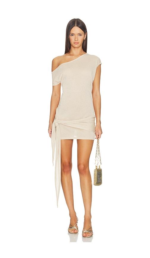 tiger mist off shoulder dress in metallic gold.