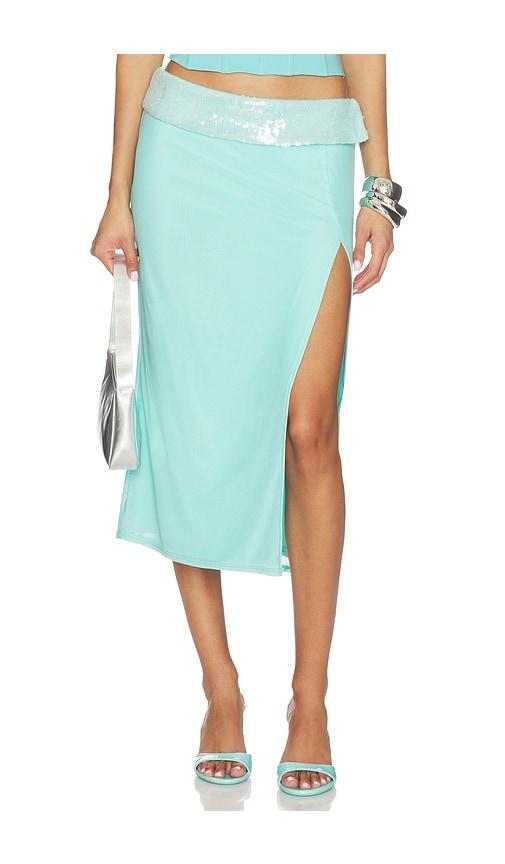 tiger mist sequin foldover midi skirt in baby blue.