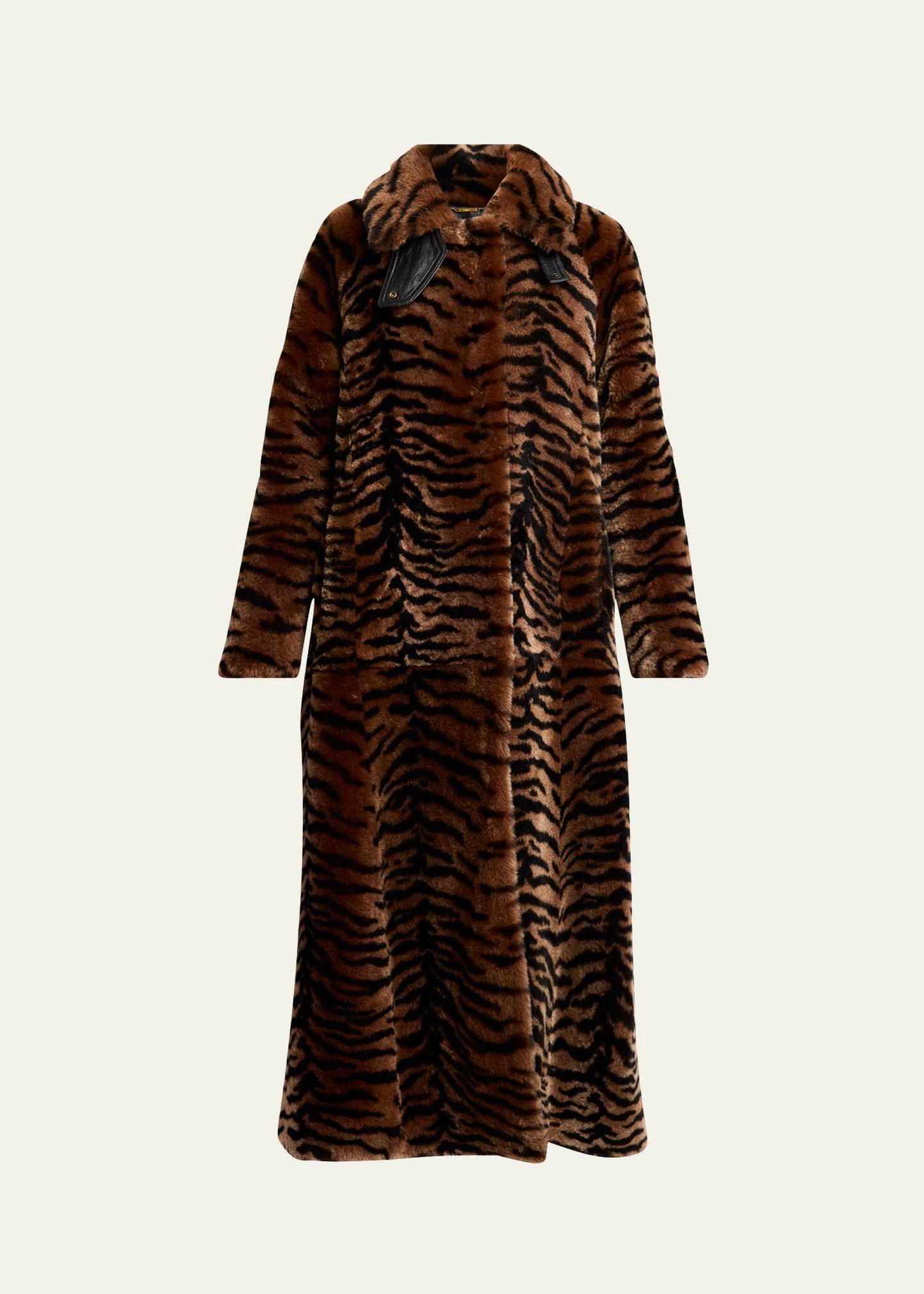 tiger print long shearling coat