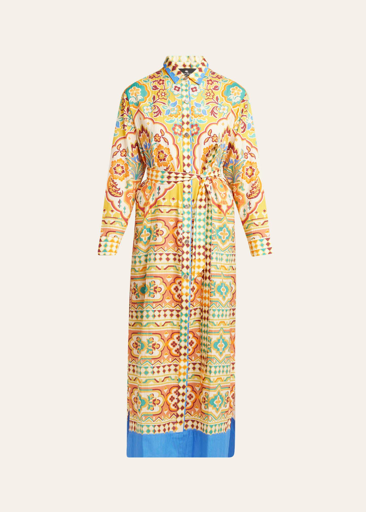 tile-print belted long-sleeve midi shirtdress