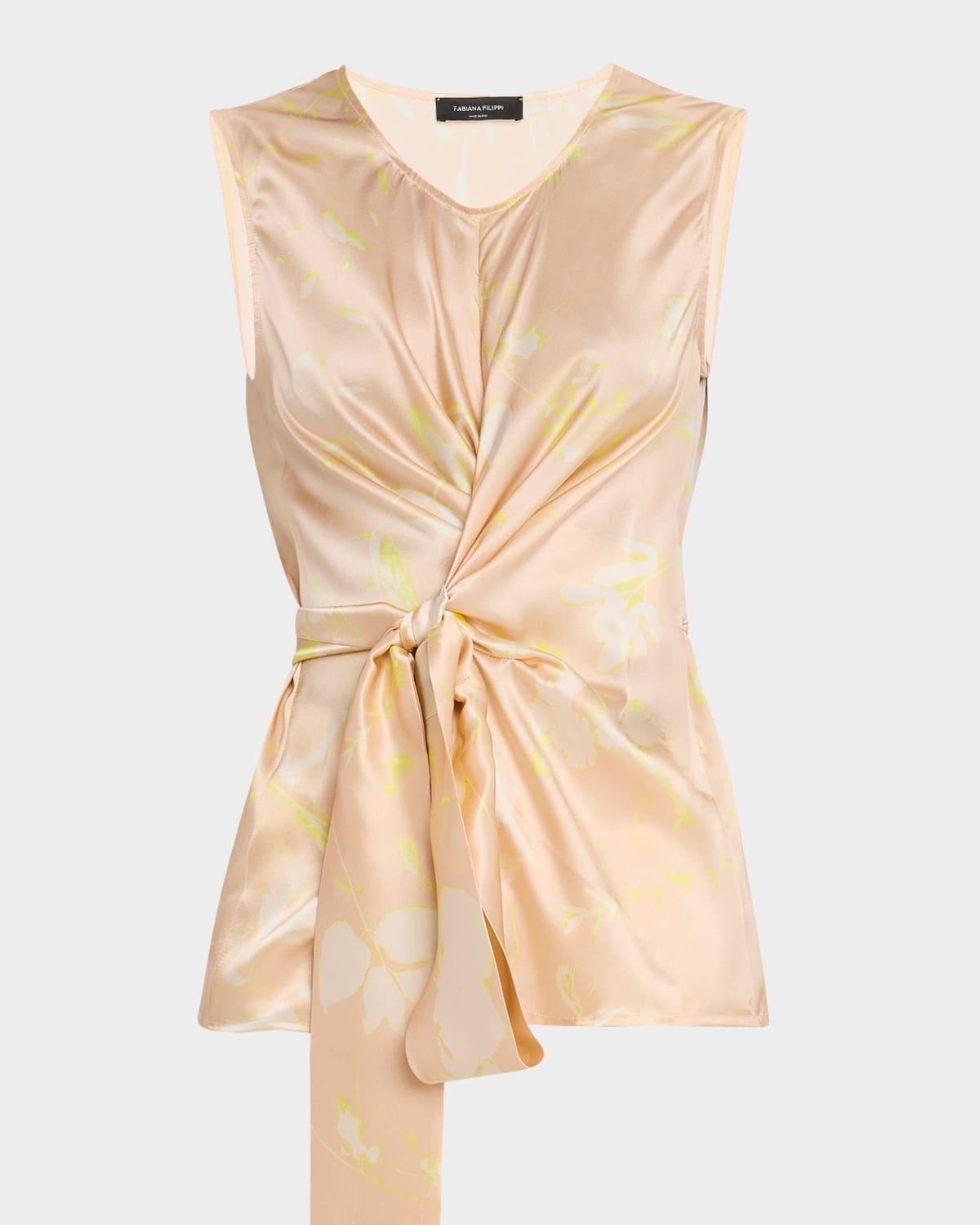 tilia-print knotted sleeveless silk top