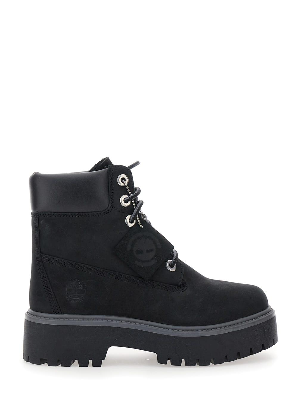 timberland black water-proof boots with logo plate in leather woman