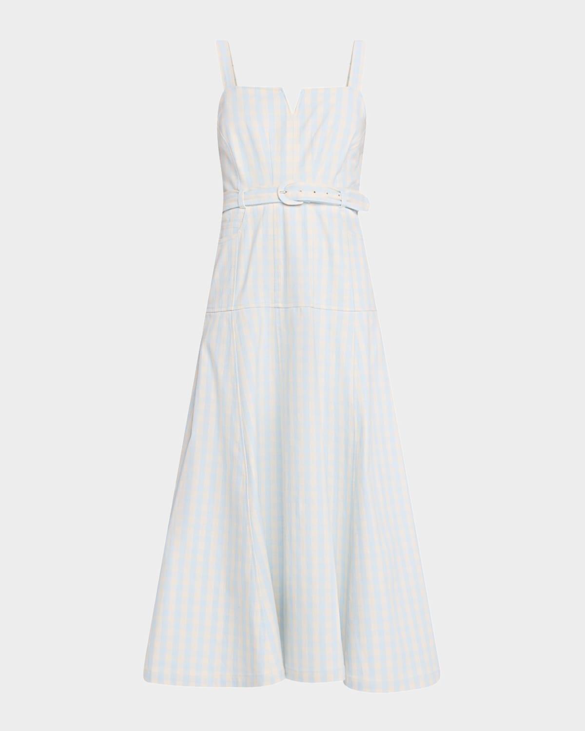 tina gingham denim midi dress