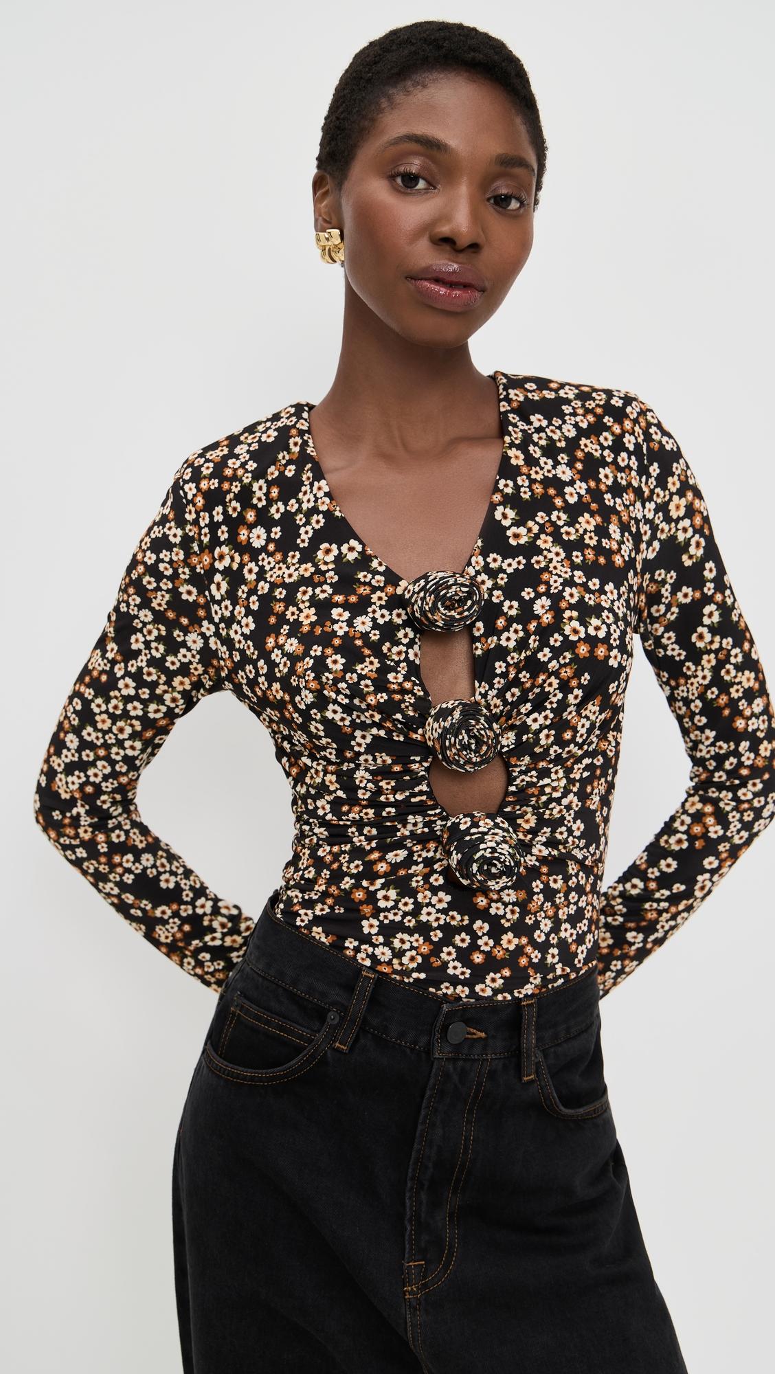 tiny flowers black jersey blouse