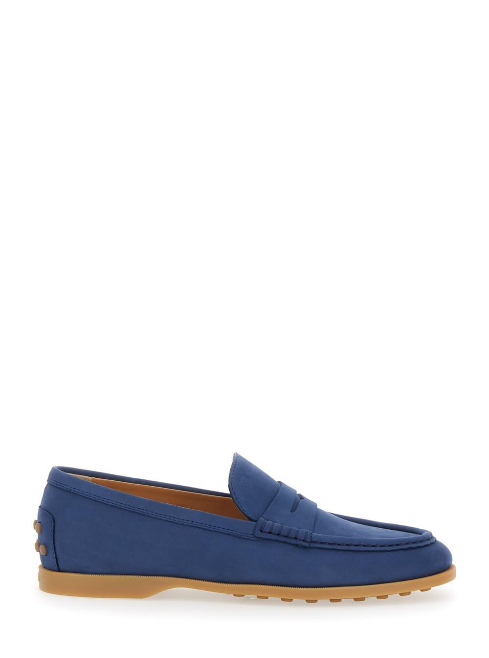 tod's blue loafers with rubber sole and rubber detail on the back in suede woman
