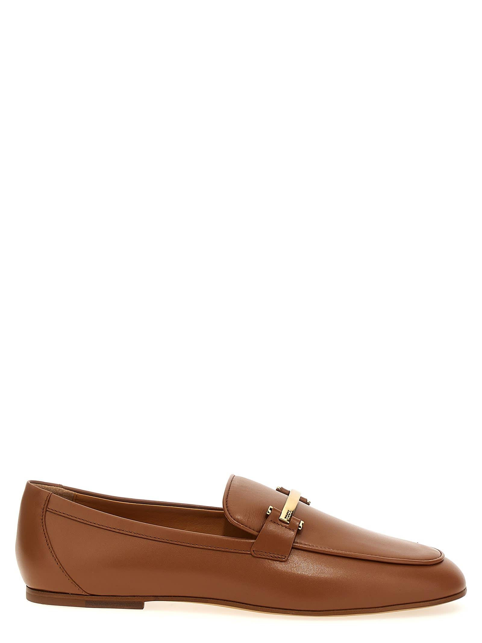 tod's brown loafers with logo plaque