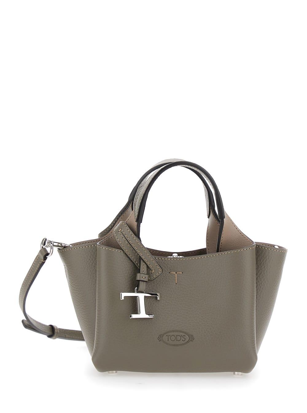 tod's grey handbag with removable shoulder strap and t plaque on the front in grained leather woman