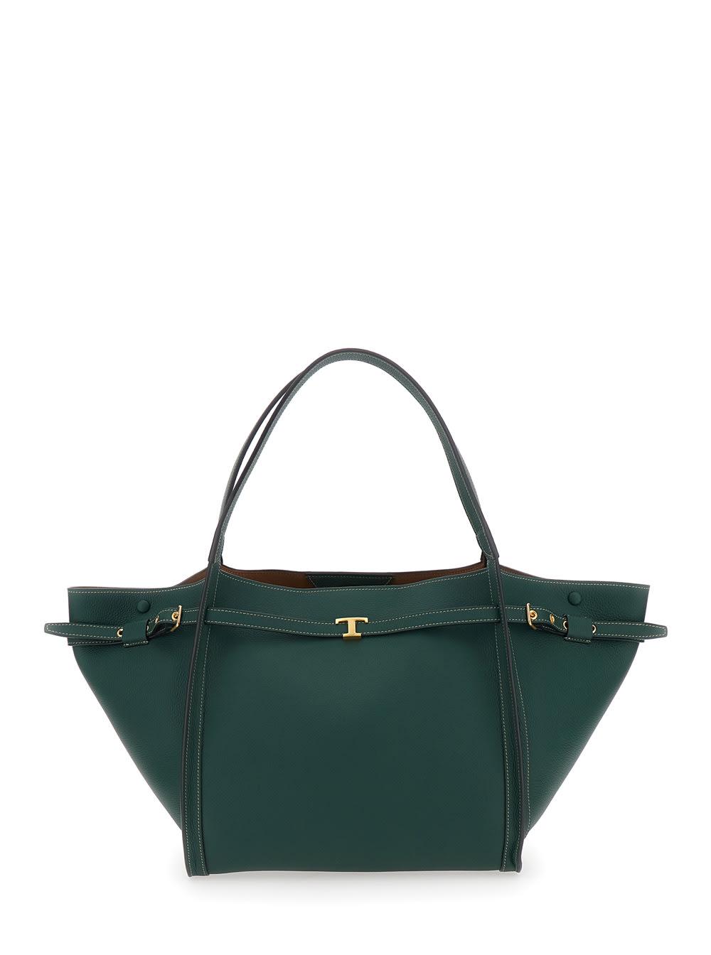 tod's medium t tote bag with timeless t plaque on front in green leather for women