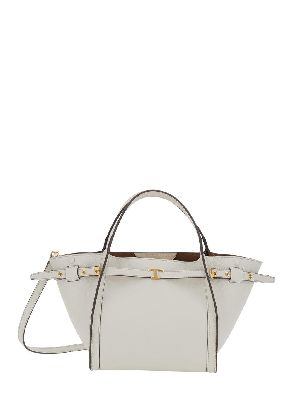 tod's medium tote bag with t timeless plaque on the front and adjustable and removable white leather strap for women