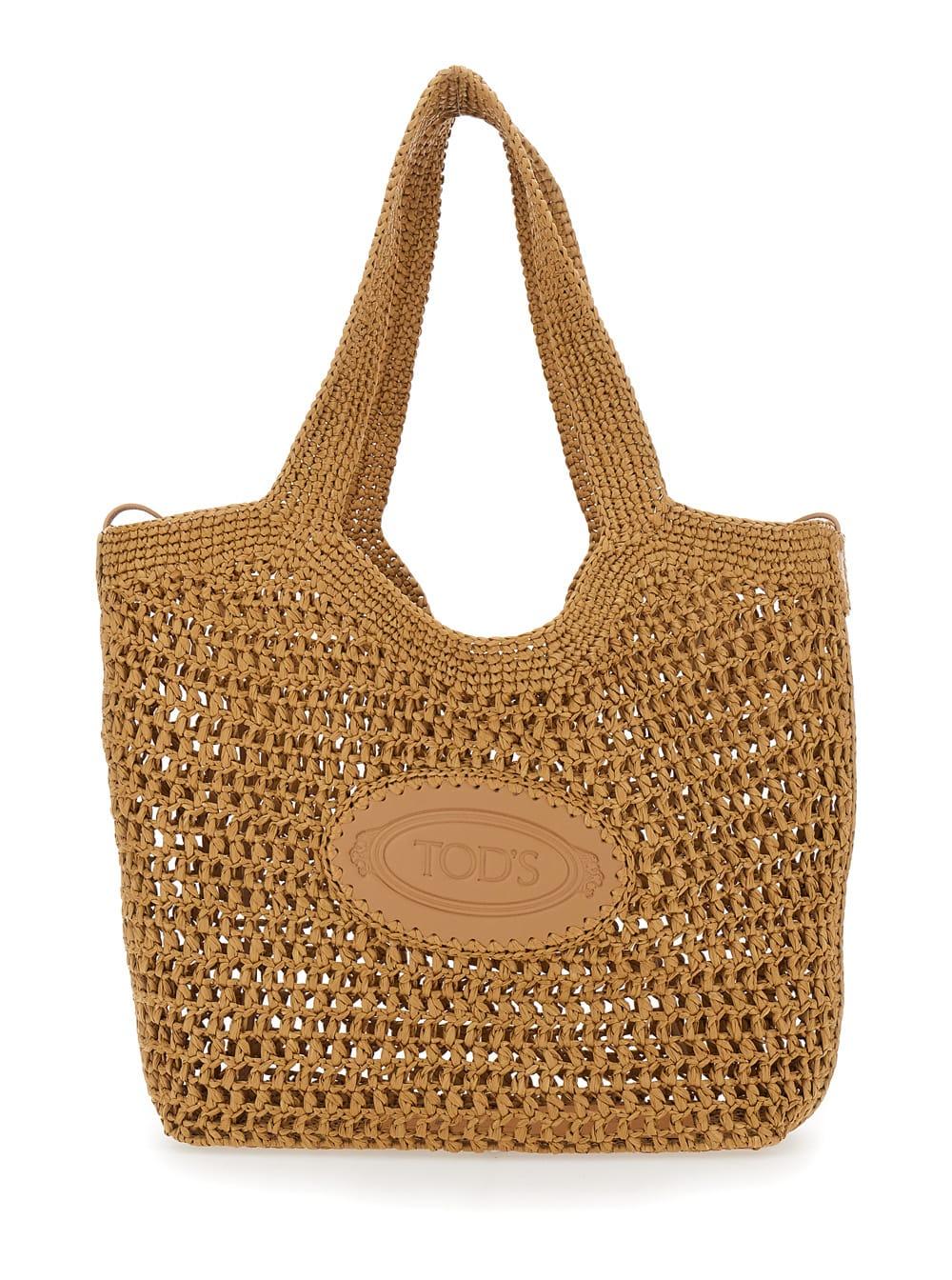 tod's raffia shopper beige viscose bag for women