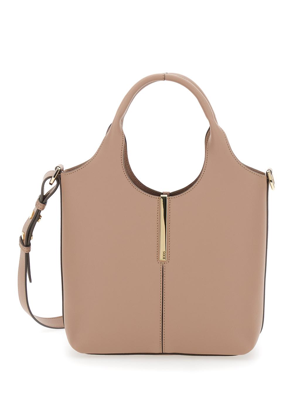 tod's shoulder bag ebr mini with logo metal plate in beige leather for women