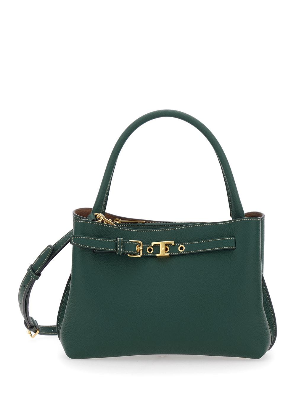 tod's small t-string handbag with adjustable and removable shoulder strap and strap with buckle on the front in green hammered leather for women