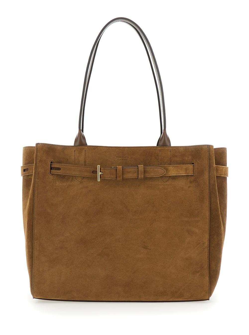 tom ford audrey brown medium shoulder bag with t buckle detail on the front in suede for women