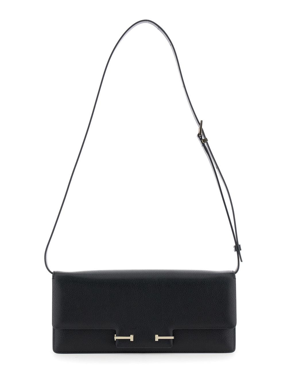tom ford black crossbody bag with adjustable shoulder strap and t plaque closure in grained leather woman