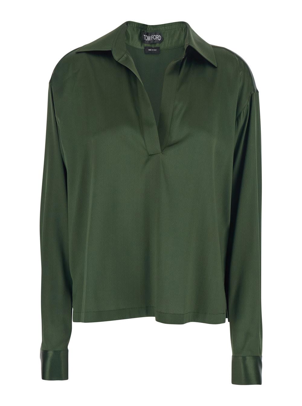 tom ford green blouse with wide pointed collar and v-neck in stretch silk women