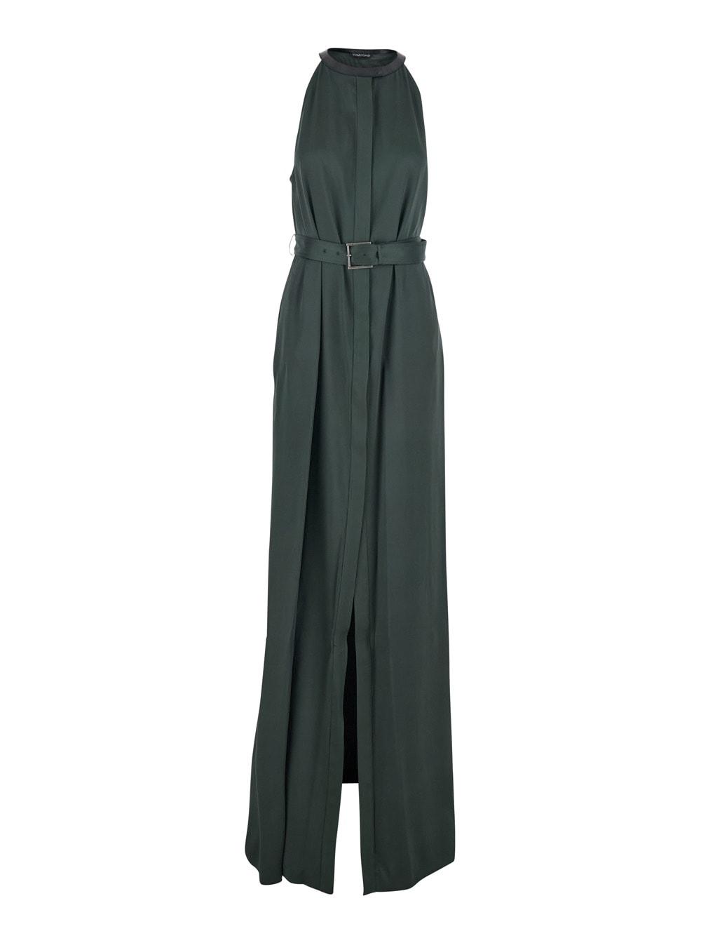 tom ford green long dress with halterneck and front belt in viscose blend for women