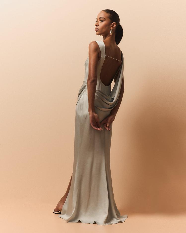 tommy draped open-back column gown
