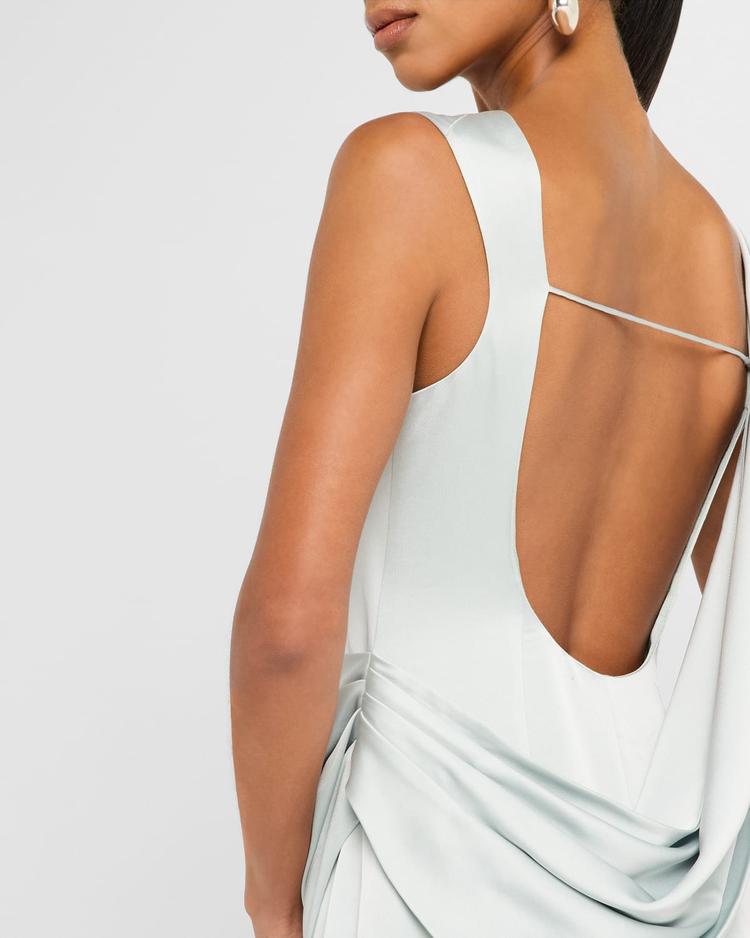 tommy draped open-back column gown