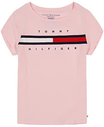 tommy hilfiger girls' short sleeve t-shirt with flag logo, cotton blend tee with tagless interior, rose shadow, 12-14