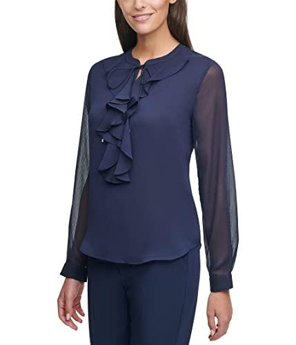 tommy hilfiger long sleeve ruffle front blouse midnight sm (us 4-6)