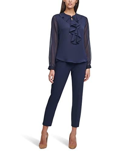 tommy hilfiger long sleeve ruffle front blouse midnight sm (us 4-6)