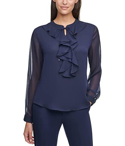 tommy hilfiger long sleeve ruffle front blouse midnight sm (us 4-6)