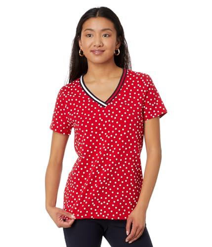 tommy hilfiger short sleeve v-neck dot tee scarlet multi sm (us 4-6)