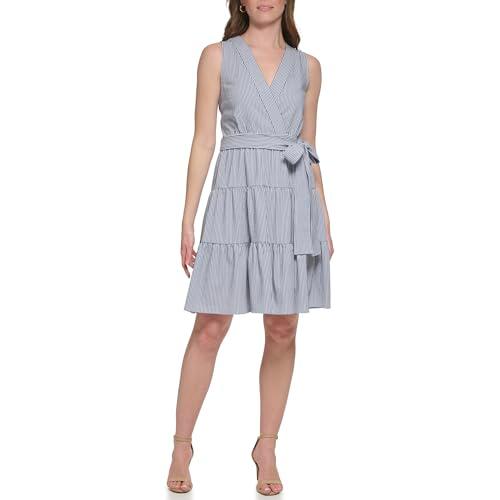 tommy hilfiger textured stripe tiered fit-and-flare marina blue/ivory 14