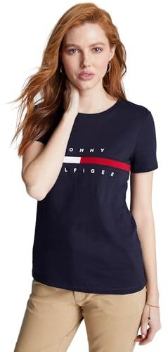 tommy hilfiger women's regular-fit embroidered flag stripe logo crew-neck t-shirt, navy, xs