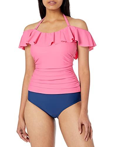 tommy hilfiger women's ruffle cold shoulder tankini top, dahlia, m