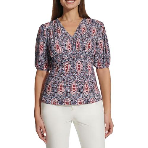 tommy hilfiger women's short sleeve smocked paisley top midnight/risk red xs