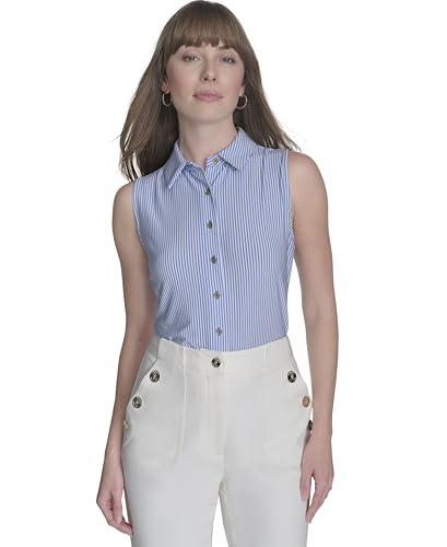tommy hilfiger women's suits sleeveless button front knit top, french blue/ivory, large