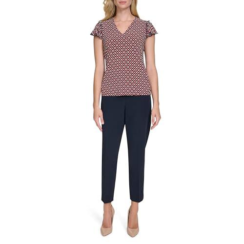 tommy hilfiger women's suits v-neck flutter sleeve knit top, midnight multi, l