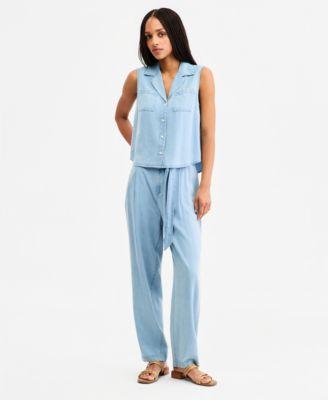 tommy hilfiger womens chambray collared sleeveless shirt tapered pants