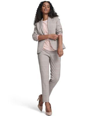 tommy hilfiger womens plaid one button blazer jacket floral clip draped crew neck top plaid sloane ankle pants